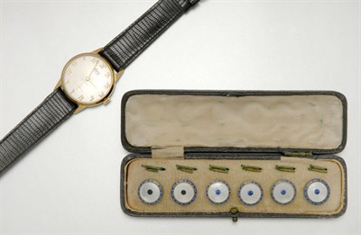Lot 100 - Set of Mother-of-Pearl and Enamel Buttons and Gentleman's Metal Wristwatch
