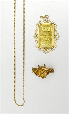 Lot 131 - A 5 G. .999 Credit Suisse Gold and Diamond Pendant, Chain and Ring