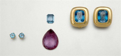 Lot 115 - Two Pairs of Blue Topaz Earrings and Two Loose Colored Stones