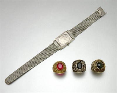 Lot 39 - White Gold, Metal and Diamond Wristwatch and Three School Rings
