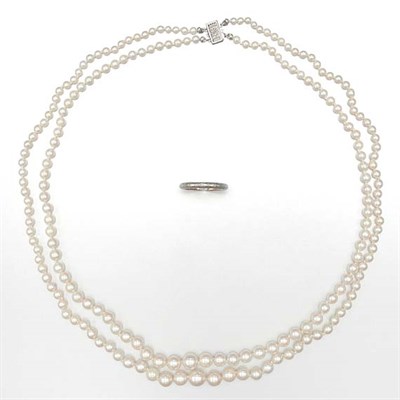 Lot 36 - Double Strand Cultured Pearl Necklace and Guard Ring