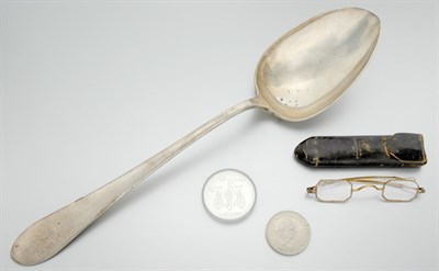 Lot 77 - Large Silver Plated Service Spoon, Pair of Eyeglasses and Canadian Silver Dollars and Assorted Coins