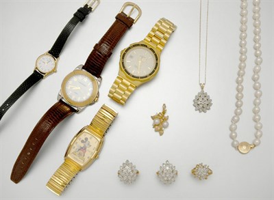 Lot 113 - Group of Jewelry, Cultured Pearl Necklace and Four Metal Wristwatches