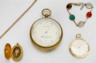 Lot 99 - Gold Openface Pocketwatch, Gold Chain, Scarab Bracelet and English Pocket Gauge