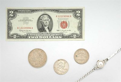 Lot 58 - Group of Assorted U.S. Currency and Coins and White Gold and Diamond  Wristwatch