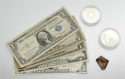 Lot 152 - Commemorative Silver Coins, Paper Currency and Loose Faceted Smokey Quartz