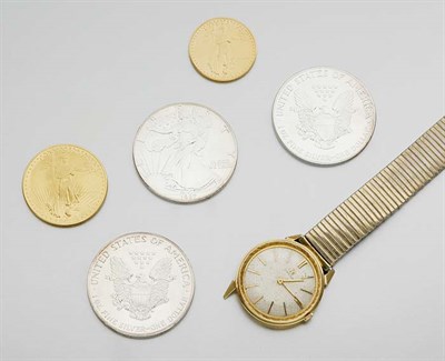 Lot 148 - Group of Assorted Gold and Silver U.S. Coins and Wristwatch