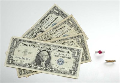 Lot 141 - Assorted U.S. Paper Currency and Two Metal Rings with Synthetic Stones
