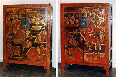 Lot 1340 - Pair of Chinese Red, Gold and Black Lacquered...