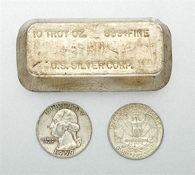 Lot 103 - Diamond Pendant and Chain, .999 10 Oz. Silver Bar and Assorted U.S. Silver Quarters