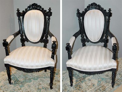 Lot 2482 - Pair of Napoleon III Ebonized Armchairs Each...