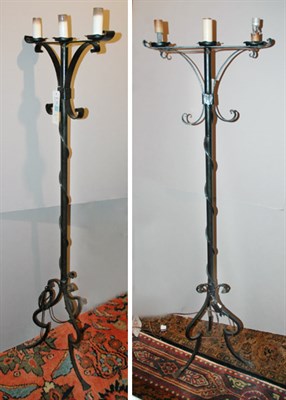 Lot 3284 - Pair of Scrolled Iron Three-Light Floor Lamps...