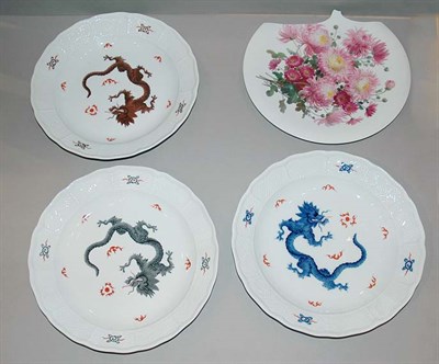 Lot 3277 - Three Meissen Porcelain Dragon Decorated Chargers