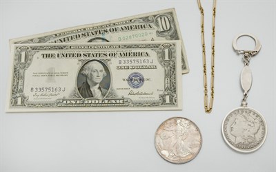 Lot 28 - Group of Assorted U.S. Currency and Watch Chain