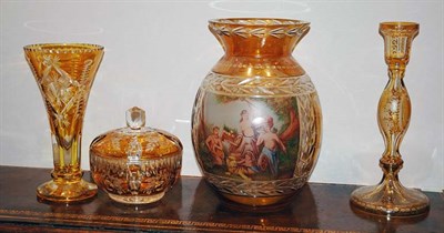 Lot 3450 - Four Amber Cut To Clear Glass Table Decorations