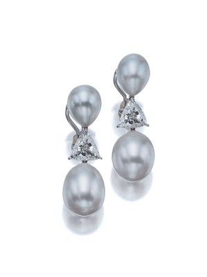 Lot 3613 - Pair of Cultured Pearl and Diamond Pendant Earclips