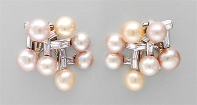 Lot 3090 - Pair of Multicolored Freshwater Pearl and Diamond Earclips