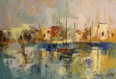 Lot 112 - Israeli School 20th Century BOATS IN A HARBOR...