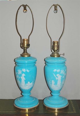Lot 242 - Pair of Mary Gregory Style Blue Glass Lamps...