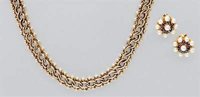 Lot 3059 - Gold Necklace and Pair of Cultured Pearl and Sapphire Earclips