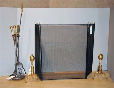 Lot 322 - Pair of Brass Andirons, Fireplace Tools, and...