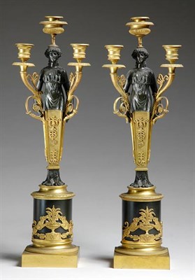 Lot 450 - Pair of Empire Gilt and Patinated-Bronze Three-...