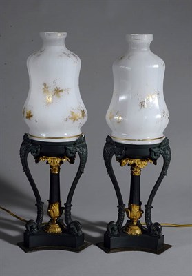 Lot 2352 - Pair of Empire Style Opaline Glass, Verdigris...