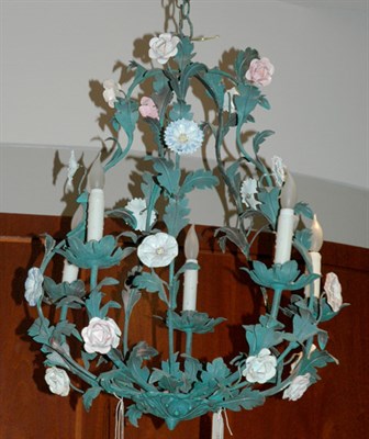 Lot 546 - Tole and Porcelain Five-Light Chandelier