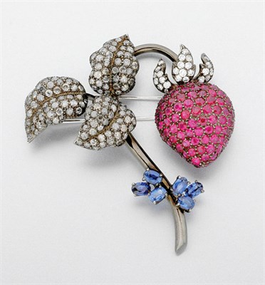Lot 3391 - Diamond, Ruby and Sapphire Strawberry Clip Brooch