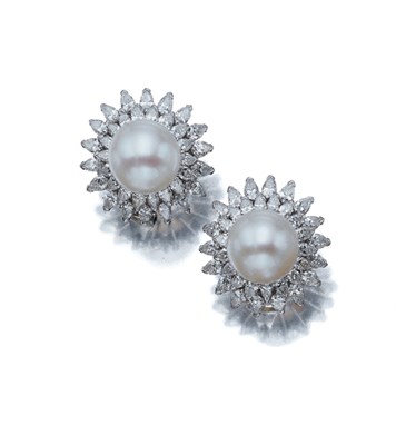 Lot 3614 - Pair of Cultured Pearl and Diamond Earclips