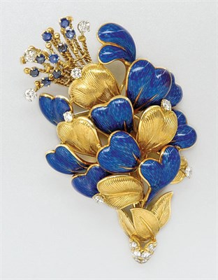 Lot 3138 - Gold, Blue Enamel, Diamond and Sapphire Brooch