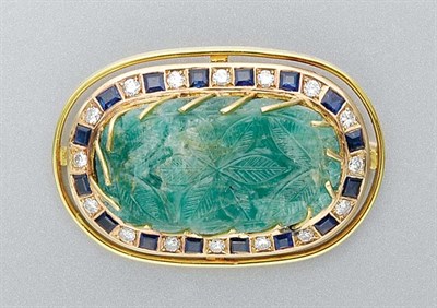 Lot 3292 - Carved Emerald, Sapphire and Diamond Brooch