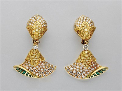 Lot 3106 - Pair of Diamond, Yellow Diamond and Emerald Pendant Earclips