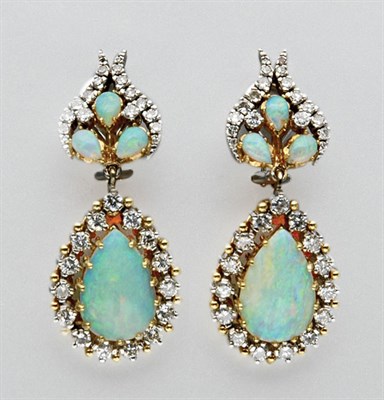 Lot 3103 - Pair of Opal and Diamond Pendant Earrings