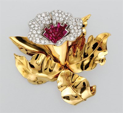 Lot 3271 - Two-Color Gold, Diamond and Ruby Orchid Clip Brooch