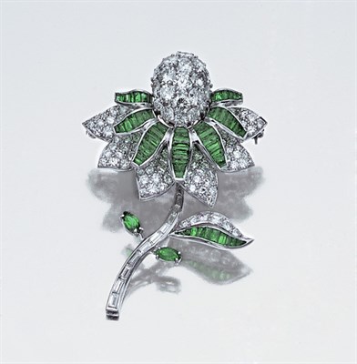 Lot 3375 - Emerald and Diamond Flower Brooch