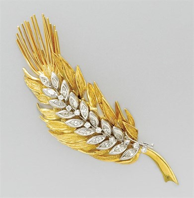 Lot 3140 - Two-Color Gold and Diamond Leaf Brooch