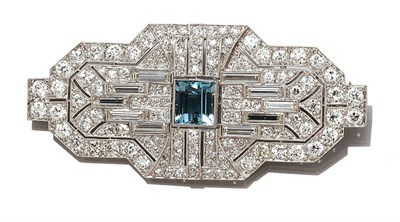 Lot 3570 - Art Deco Aquamarine and Diamond Pendant Brooch