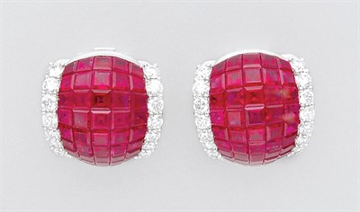 Lot 3300 - Pair of  Ruby and Diamond Bombe Earclips