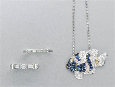 Lot 3293 - Two Diamond Band Rings and Sapphire and Diamond Fish Pendant with Chain