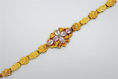 Lot 3151 - Antique Gold, Pink Topaz, Kunzite and Emerald Bracelet