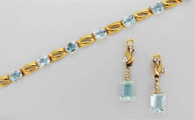 Lot 3120 - Gold and Aquamarine Bracelet and Pair of Pendant Earclips