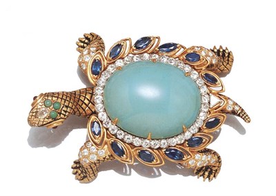 Lot 3593 - Gold, Turquoise, Sapphire and Diamond Turtle Brooch