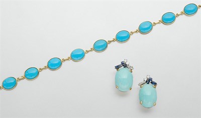 Lot 354 - Pair of Turquoise, Diamond and Sapphire Earclips and Simulated Turquoise Bracelet