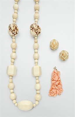 Lot 866 - Ivory Bead Necklace, Pair of Carved Coral Flower Earclips and Pendant and Pair of Bead Pendant Earrings