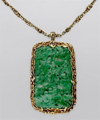 Lot 370 - Gold and Carved Jade Pendant Brooch with Gold Chain