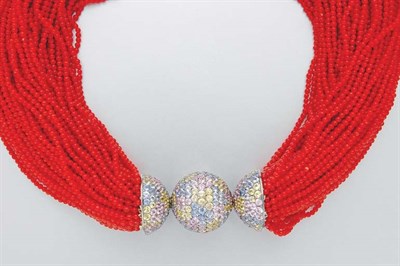 Lot 3291 - Multistrand Coral Bead Torsade Necklace with Multicolored Sapphire Clasp