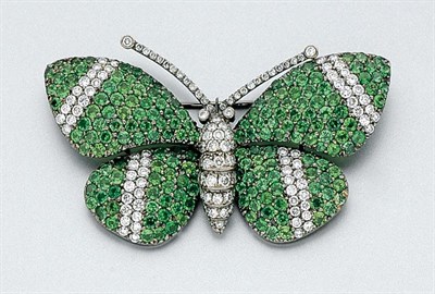 Lot 3277 - Tsavorite Garnet and Diamond Butterfly Brooch