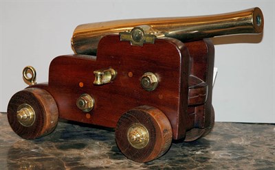 Lot 364 - Brass and Mahogany Cannon Height 11 1/2 inches,...