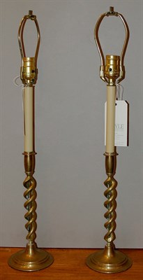 Lot 454 - Pair of Brass Barley Twist Candlestick Lamps...